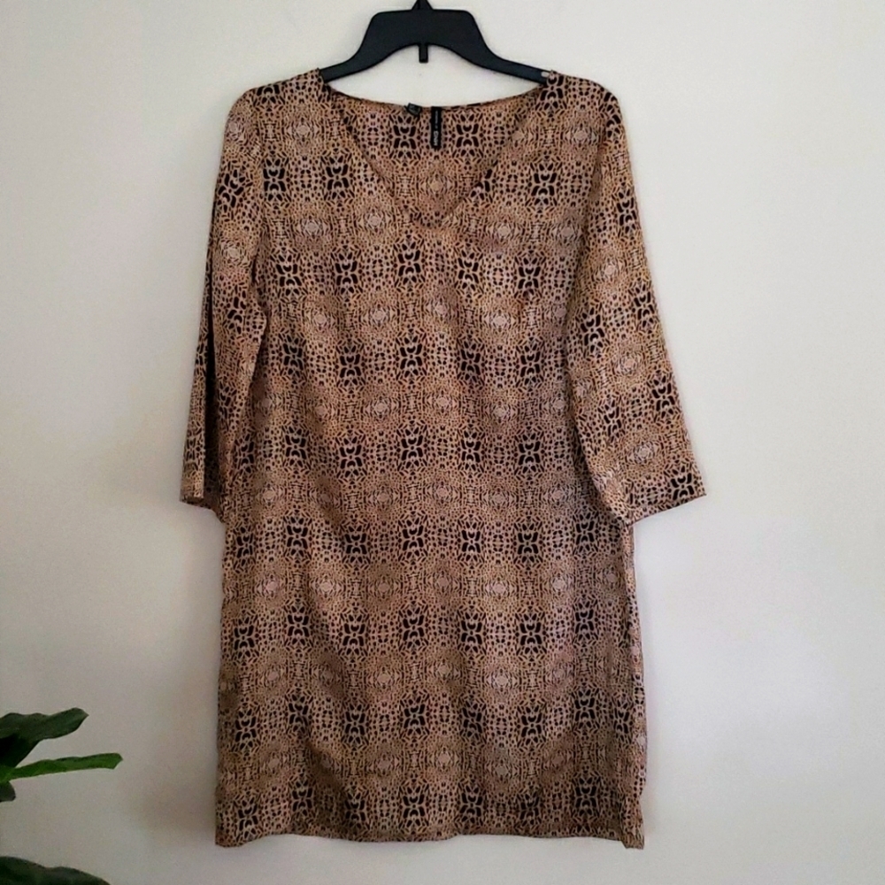 Mango animal print 3/4 sleeve mini dress, v neck, women's size 8